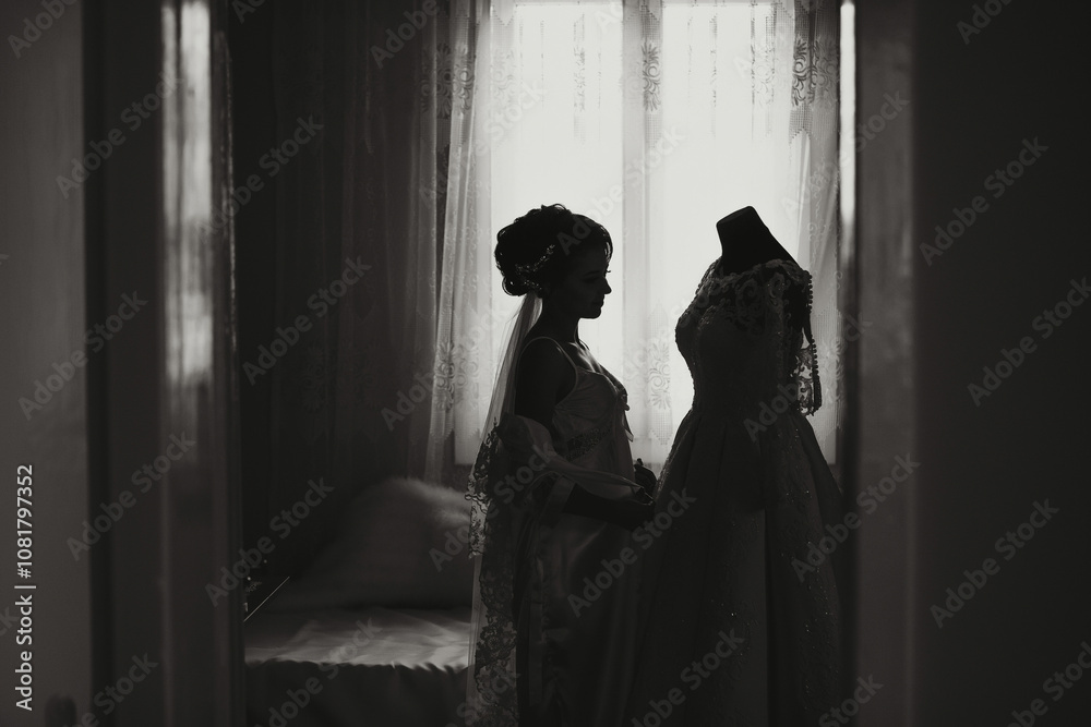 A woman is standing in front of a dresser with a white wedding dress on it. She is likely getting ready for a wedding or other special occasion A woman is standing in front of a dresser with a white wedding dress on it. She is likely getting ready for a wedding or other special occasion