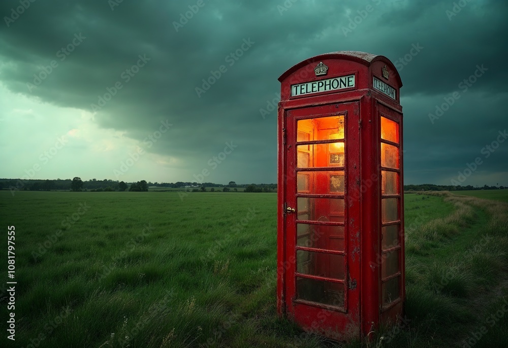 A red British telephone booth in a grassy field with a cloudy sky in the background A red British telephone booth in a grassy field with a cloudy sky in the background