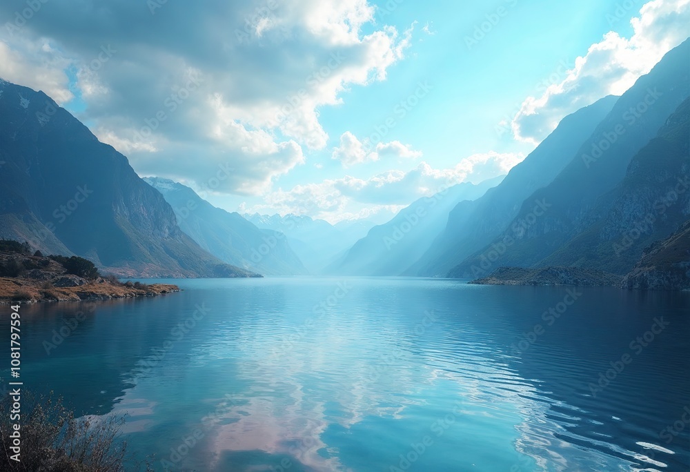 A scenic landscape with a lake surrounded by mountains and a cloudy blue sky A scenic landscape with a lake surrounded by mountains and a cloudy blue sky