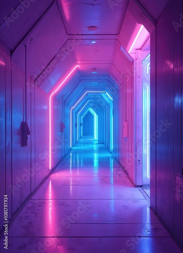 Abstract background of futuristic corridor with purple and blue neon lights