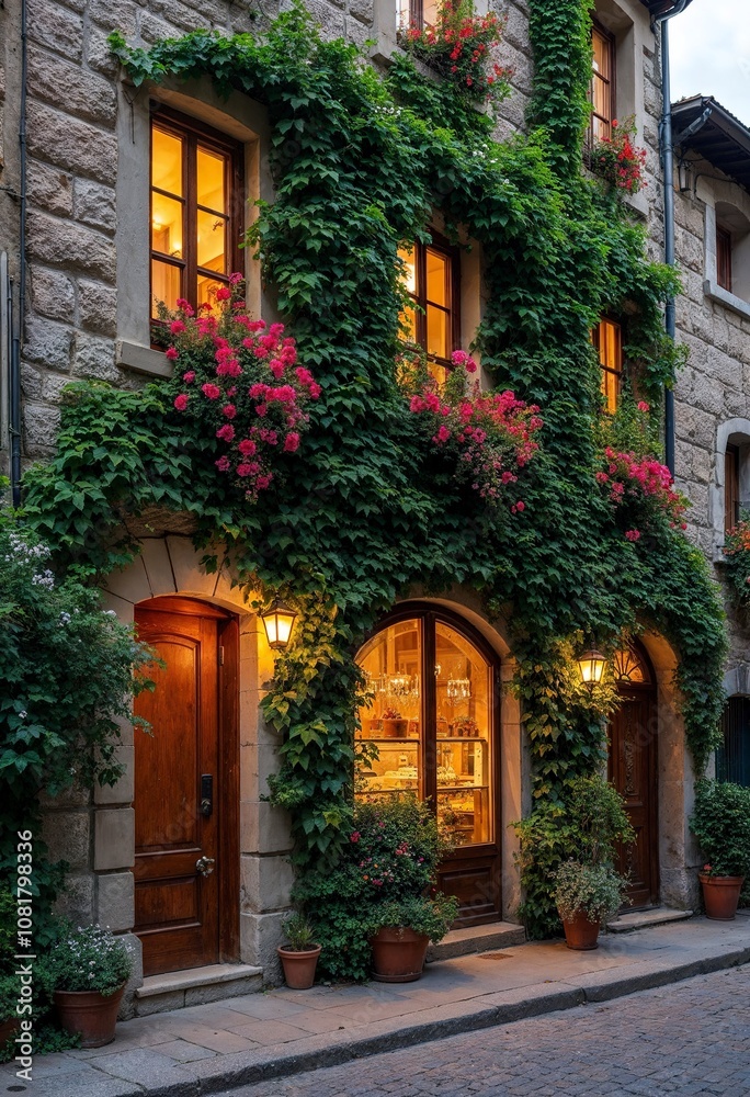 An old European building with ivy-covered walls, ornate architectural details, and colorful window An old European building with ivy-covered walls, ornate architectural details, and colorful window