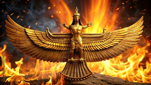 Close-up of Golden Faravahar statue in a Zoroastrian fire temple photo