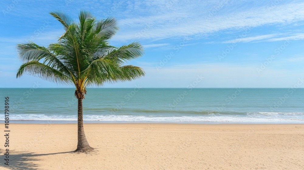 A serene beach scene featuring a palm tree against a calm ocean and blue sky.