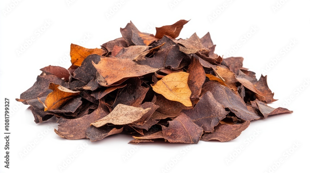 A pile of freshly fallen golden yellow autumn leaves, with a few scattered around the base, isolated on white background A pile of freshly fallen golden yellow autumn leaves, with a few scattered around the base, isolated on white background