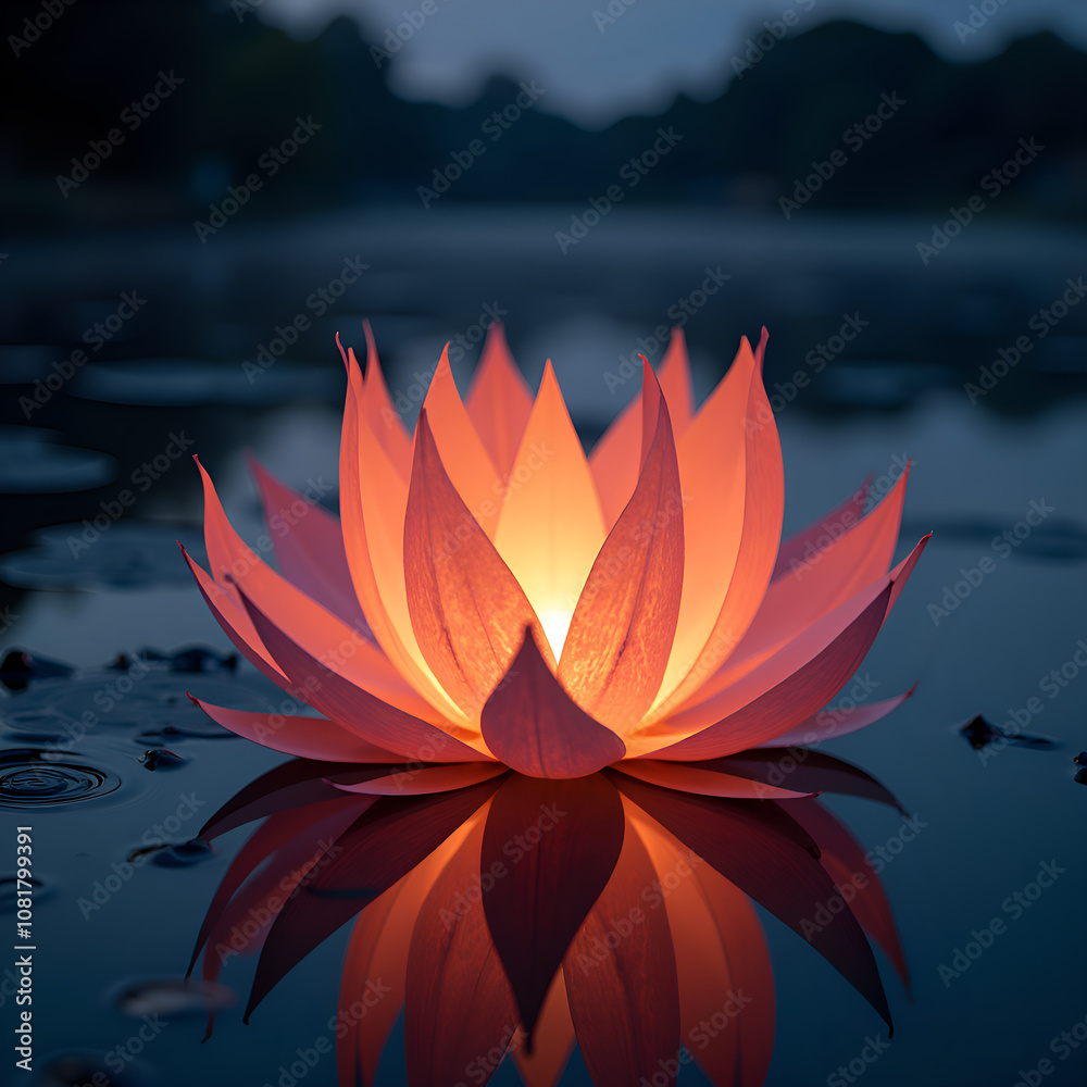 Radiant lotus bloom illuminating tranquil waters at dusk, photography of nature concept. Radiant lotus bloom illuminating tranquil waters at dusk, photography of nature concept.