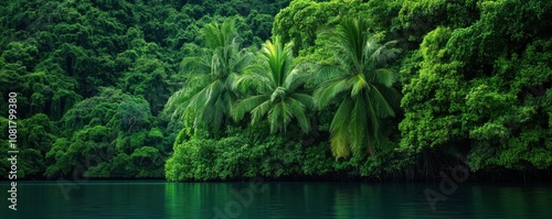 Lush jungle embraces a tranquil waterfront, blending vibrant greenery with serene waters in perfect harmony.