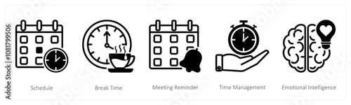 A set of 5 business icons as schedule, break time, meeting reminder