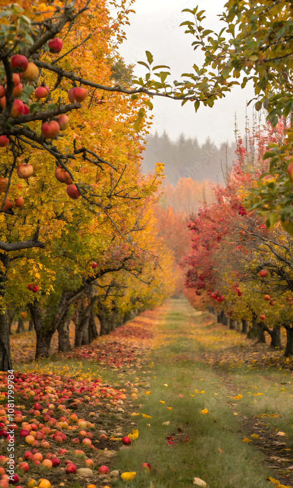 Naklejka premium A picturesque orchard in autumn, with trees laden with ripe fruit and colorful leaves framing the scene
