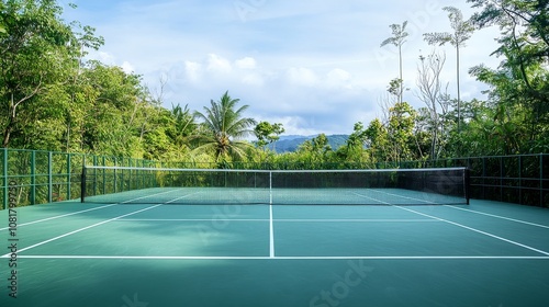 Wallpaper Mural A peaceful outdoor badminton court with freshly painted lines and nets set up, surrounded by lush greenery and a bright sky, early morning light adding a serene touch Torontodigital.ca