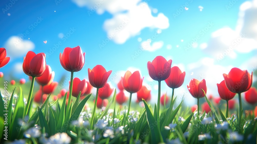 Fototapeta premium A field of vibrant red tulips blooming in the sunshine.