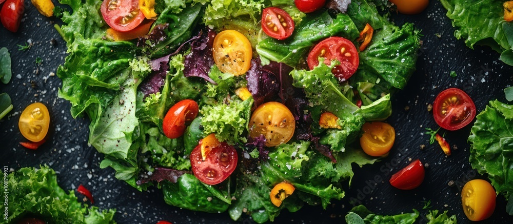 Fresh green salad with cherry tomatoes and yellow cherry tomatoes on a black background. Fresh green salad with cherry tomatoes and yellow cherry tomatoes on a black background.