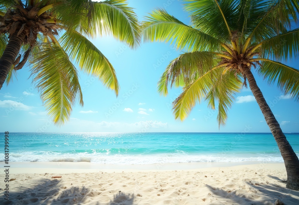 A tropical beach scene with palm trees, a calm ocean, and a blue sky with fluffy white clouds, no people A tropical beach scene with palm trees, a calm ocean, and a blue sky with fluffy white clouds, no people