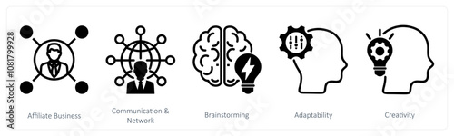 A set of 5 business icons as affiliate business, communication and network, brainstorming