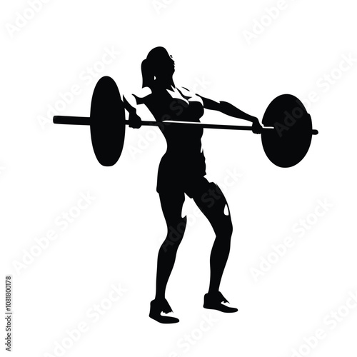 A woman lifting a weight. She is wearing black pants and a black shirt. The weight is a barbell