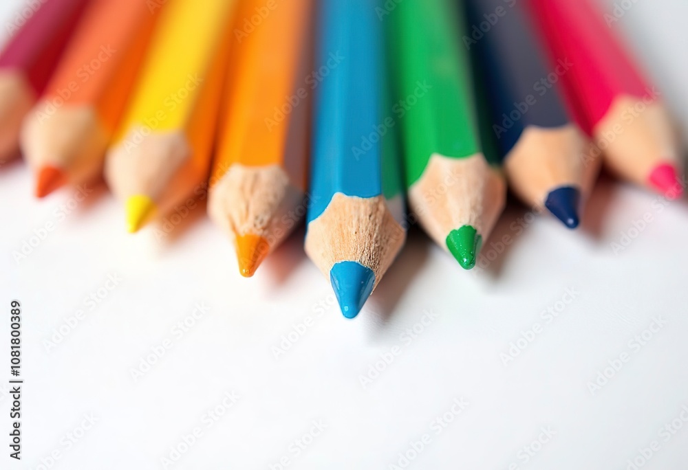 Colorful pencils arranged in a rainbow pattern on a white background Colorful pencils arranged in a rainbow pattern on a white background