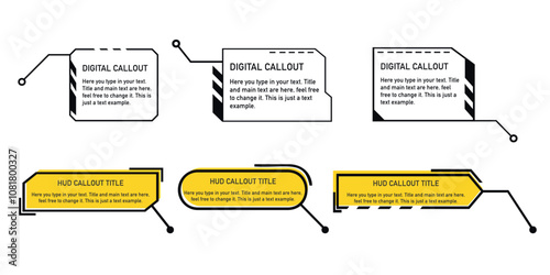 Set of digital callout labels in black and yellow for highlighting text. HUD-style callout designs for informational overlays.