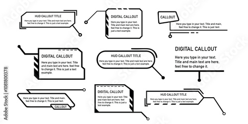 Assorted digital callouts in black and white with HUD-style designs. Labels for text emphasis and informational highlights.