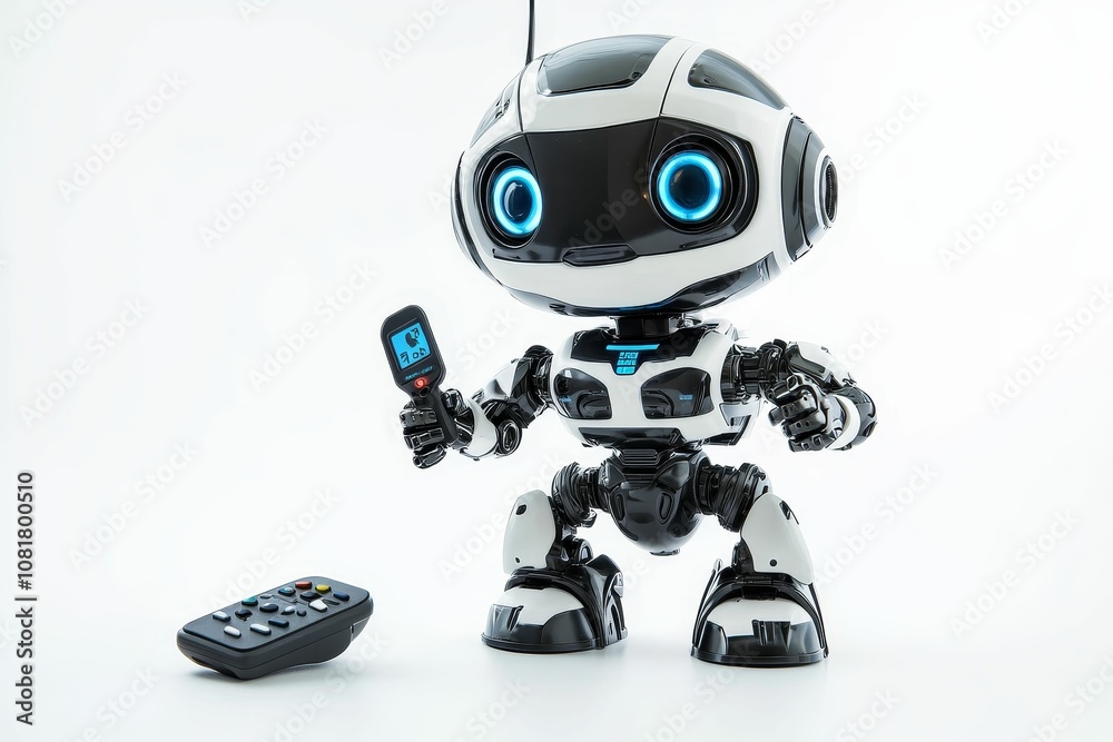 Robot holding remote control, another on floor.