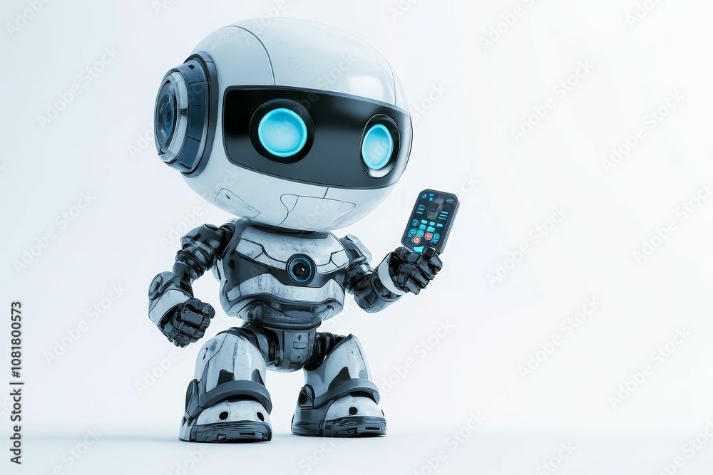 White robot holding remote control.