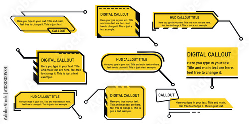 Assorted digital callouts in black and white with HUD-style designs. Labels for text emphasis and informational highlights.