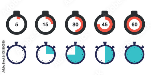 Stopwatch and timer icons showing intervals of 5, 15, 30, 45, and 60 seconds. Set of countdown graphics for time management.