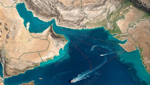 Aerial View of the Strategic Hormuz Strait Highlighted on a Detailed Map Illustrating Maritime Routes and Geopolitical Importance in the Middle East Region photo