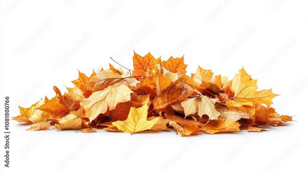 A realistic pile of orange and yellow autumn leaves, scattered loosely on the ground, isolated on white background A realistic pile of orange and yellow autumn leaves, scattered loosely on the ground, isolated on white background