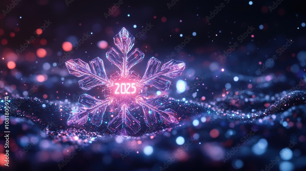 Fototapeta premium Futuristic holographic snowflake with '2025' illuminated in the center, floating in a festive setting with neon sparkles against a dark background, representing a modern holiday theme