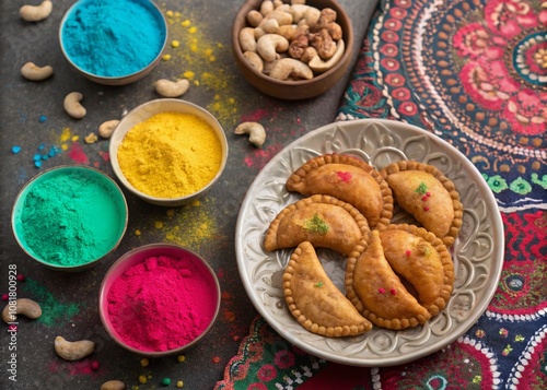 Aerial view of vibrant Abeer gulal dry organic color powder with traditional Indian Gujiya sweets and cashews, celebrating Holi, the festival of colors in spring season. photo