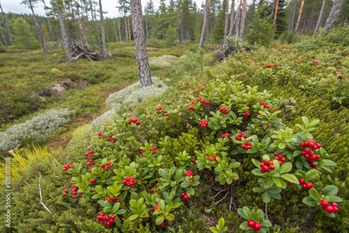 Aerial view of vibrant bearberry plants in a lush forest, showcasing their rich red berries and green foliage, highlighting the beauty of nature in a remote wilderness area. photo