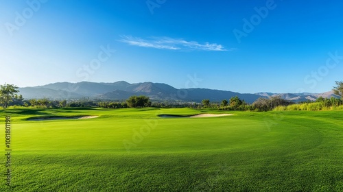 A peaceful outdoor golf course with a well-maintained green and sand traps, surrounded by scenic mountains and clear blue sky, early morning light enhancing the serene atmosphere