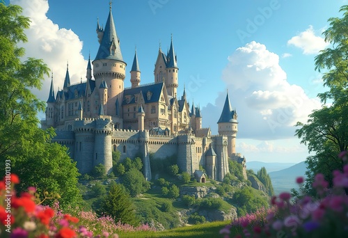 Wallpaper Mural A large, ornate castle with multiple levels and roofs, surrounded by trees against a blue sky Torontodigital.ca