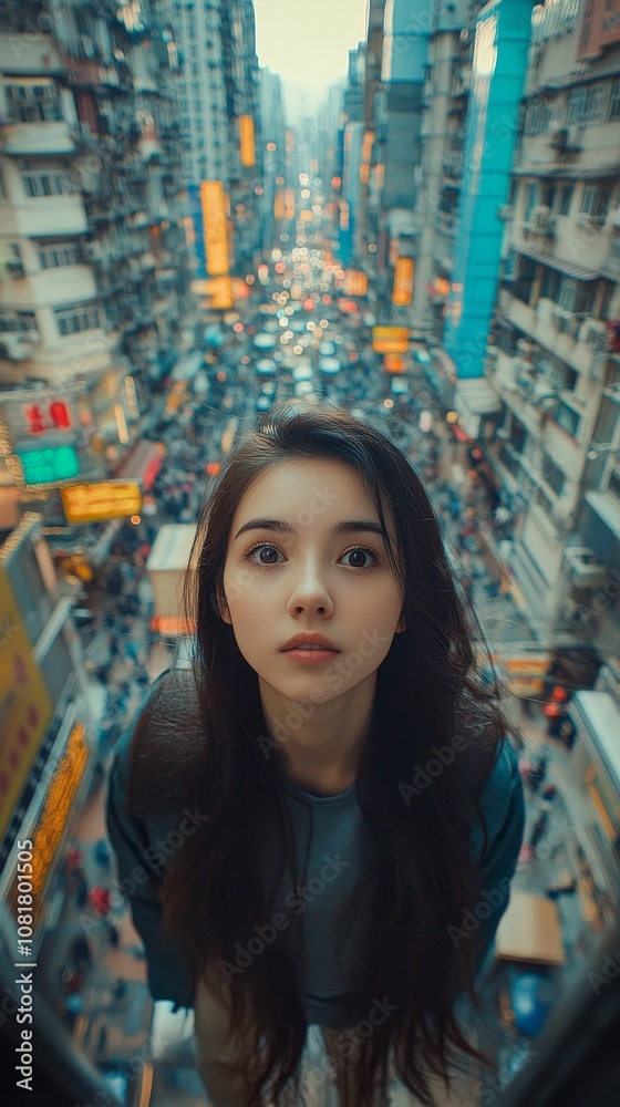 Young woman gazing upwards amidst vibrant city street, capturing urban hustle and lively architecture from an aerial perspective. Young woman gazing upwards amidst vibrant city street, capturing urban hustle and lively architecture from an aerial perspective.