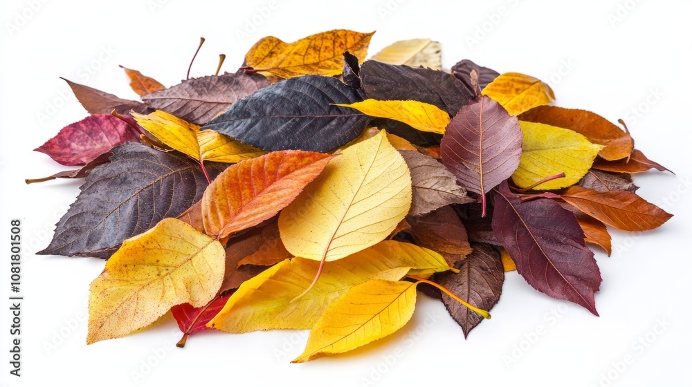 Fototapeta premium A scattered pile of colorful autumn leaves, ranging from yellow to deep brown, in a loose arrangement, isolated on white background