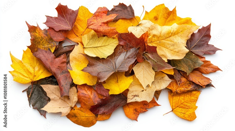 A scattered pile of colorful autumn leaves, ranging from yellow to deep brown, in a loose arrangement, isolated on white background A scattered pile of colorful autumn leaves, ranging from yellow to deep brown, in a loose arrangement, isolated on white background