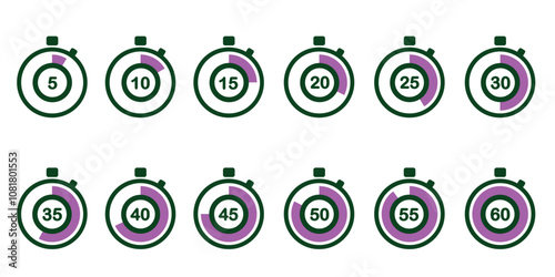 Stopwatch icons with red segments representing intervals from 5 to 60 seconds. Visual countdown timers for quick reference.