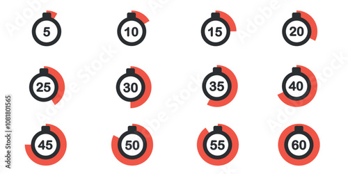 Stopwatch icons with red segments representing intervals from 5 to 60 seconds. Visual countdown timers for quick reference.