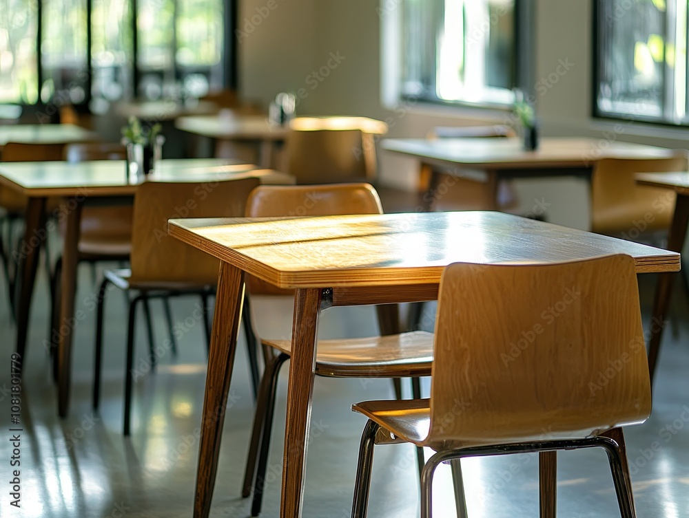 A serene, sunlit cafe interior featuring empty wooden tables and chairs, offering a cozy and inviting atmosphere. A serene, sunlit cafe interior featuring empty wooden tables and chairs, offering a cozy and inviting atmosphere.