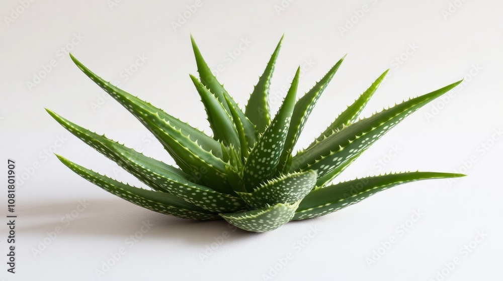 A single aloe vera plant with spiky, fleshy green leaves, placed on a clean white surface