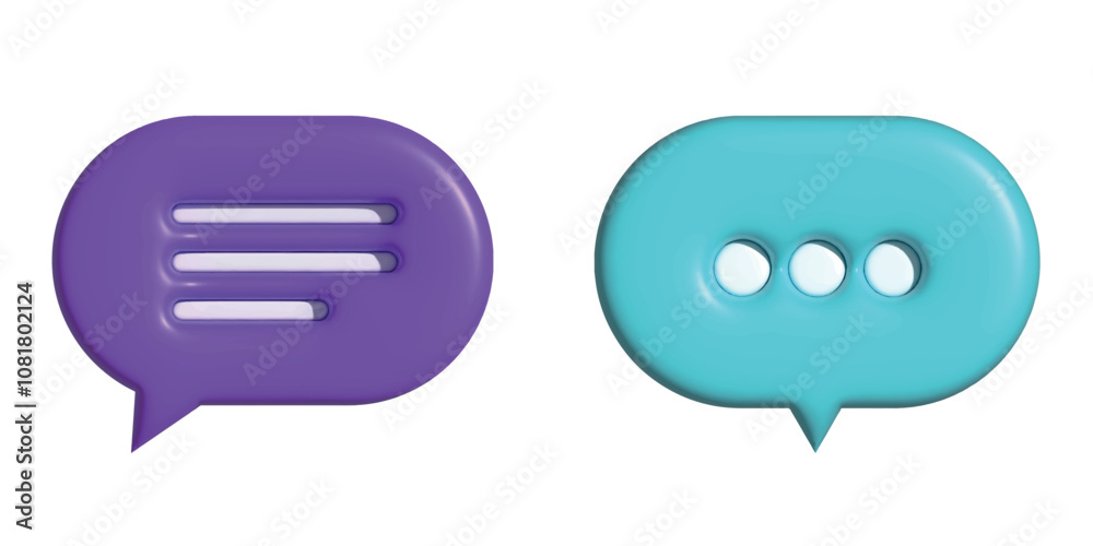 3D chat bubble icons with dots and lines representing messaging or conversation. Elements for social media and communication design. 3D chat bubble icons with dots and lines representing messaging or conversation. Elements for social media and communication design.