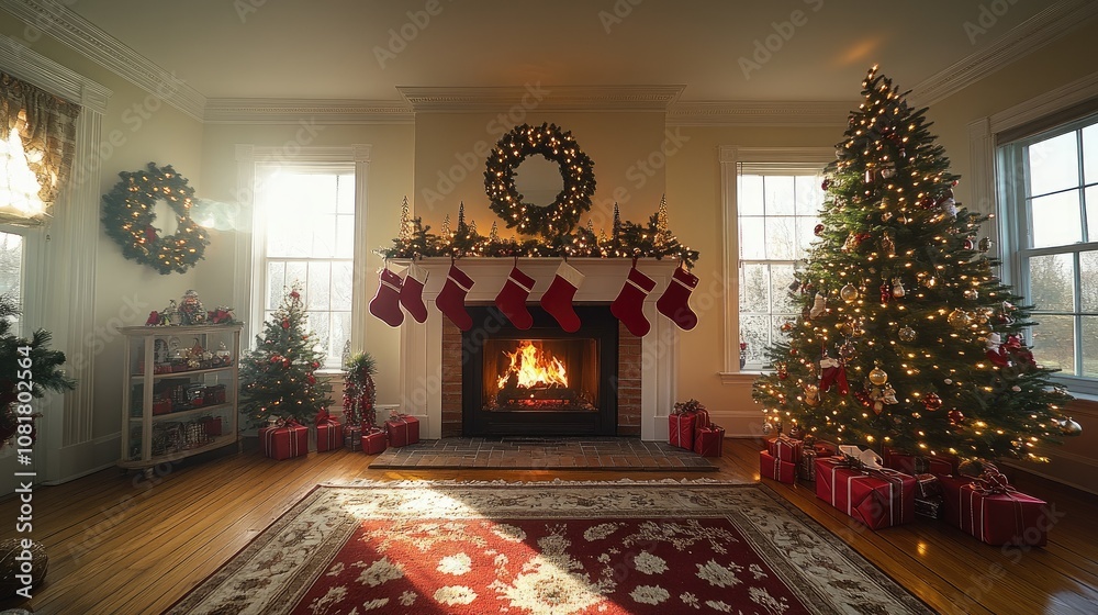 A cozy living room decorated for Christmas with a fireplace, a Christmas tree, and presents. A cozy living room decorated for Christmas with a fireplace, a Christmas tree, and presents.