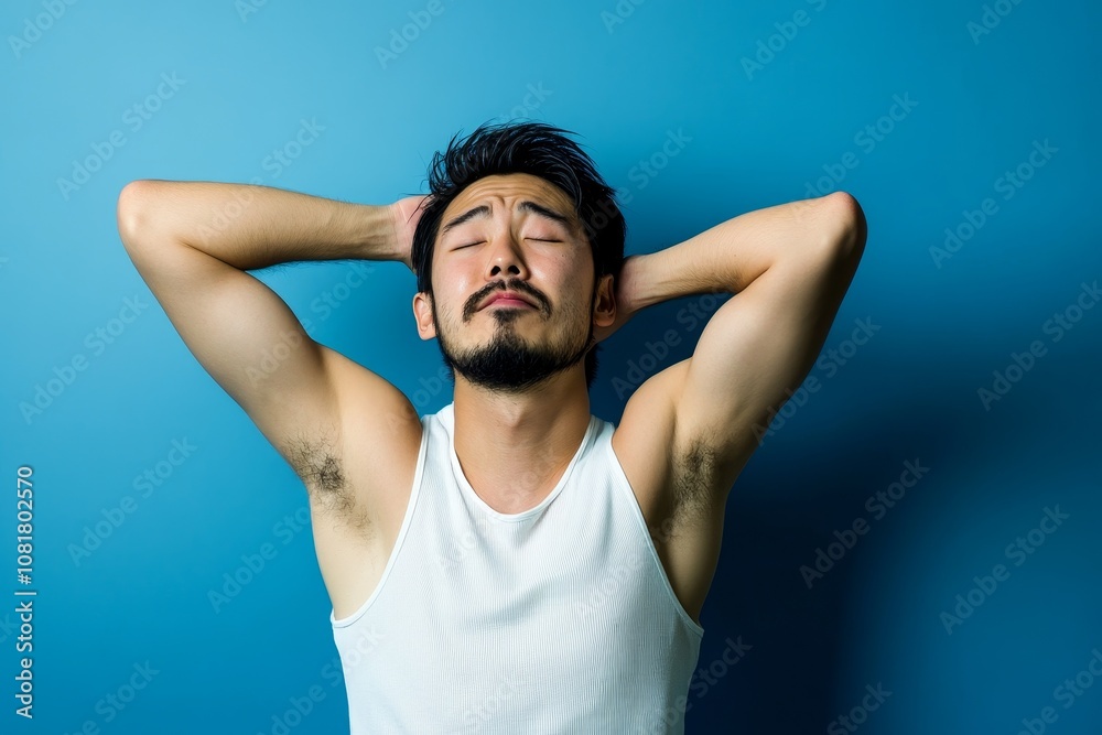 A young man in a white tank top relaxes with hands behind head against a vibrant blue backdrop. A young man in a white tank top relaxes with hands behind head against a vibrant blue backdrop.