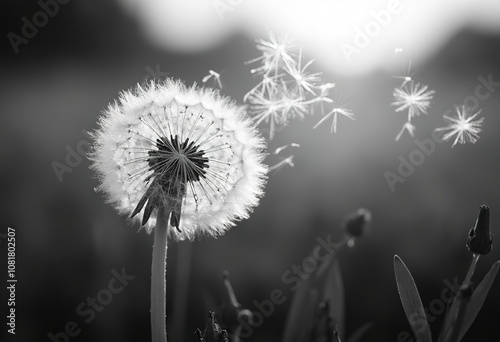 A close-up black and white image of a dandelion flower with its fluffy, feathery seeds dispersing in the wind photo