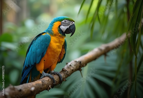 A colorful blue and yellow macaw parrot perched against a blurred green background