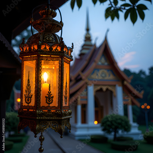 A tranquil evening glow lantern illuminating a traditional temple architecture against a beautiful twilight sky, photography of architectural concept.