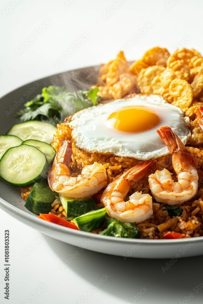 Shrimp, fried rice, egg, cucumber, and chips. Shrimp, fried rice, egg, cucumber, and chips.