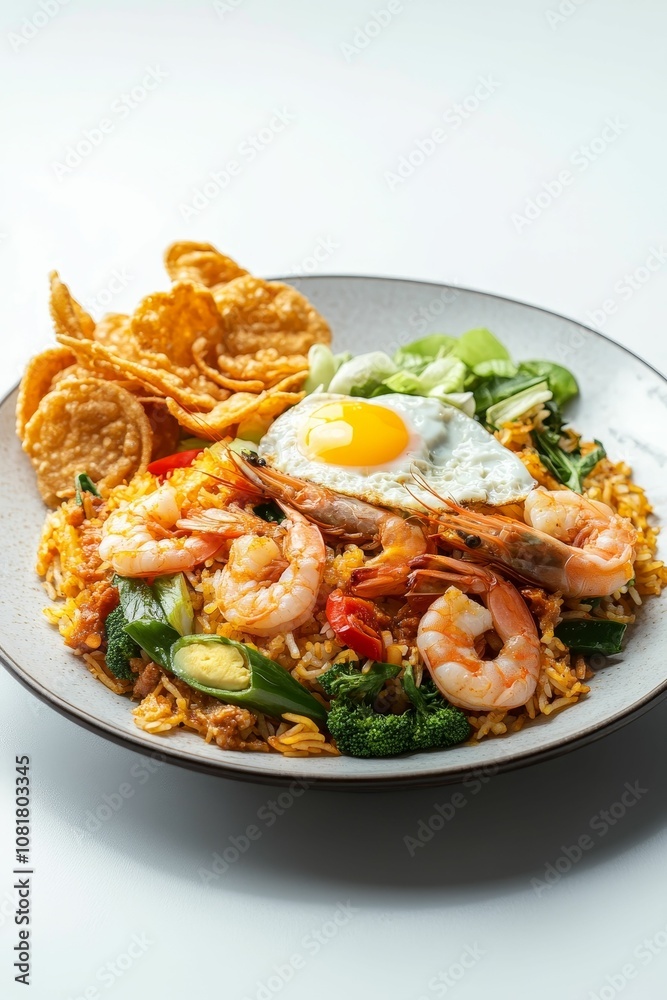Shrimp fried rice with fried egg and chips. Shrimp fried rice with fried egg and chips.