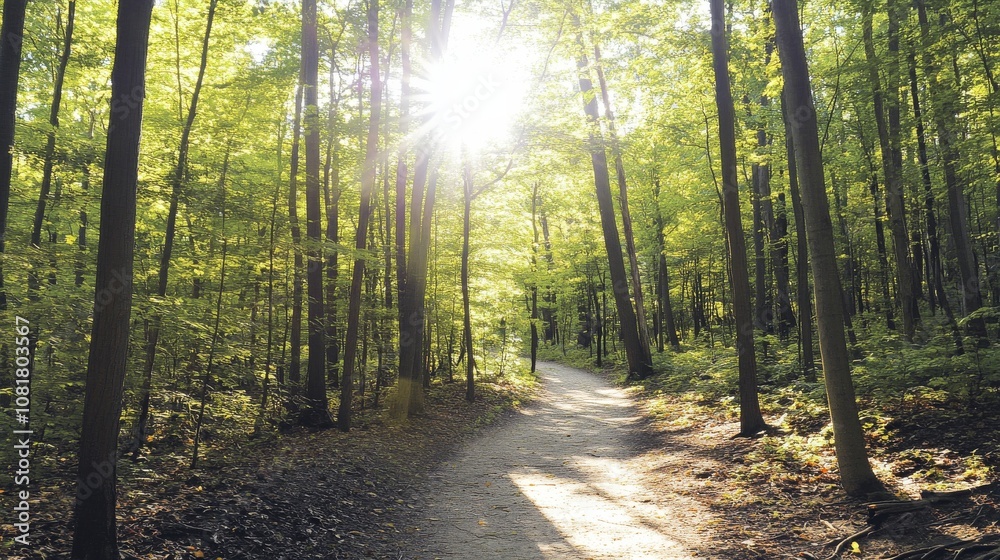 Obraz premium A picturesque outdoor hiking trail with winding paths, dense forest, and sunlight filtering through the trees