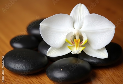 A white orchid flower resting on top of black smooth stones against a wooden background