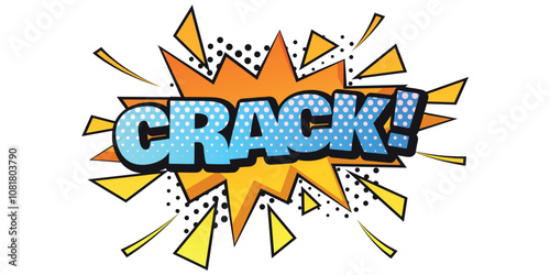 Comic-style text graphic with the word 'CRACK!' and explosion effect. Pop art sound effect design for action or impact themes.